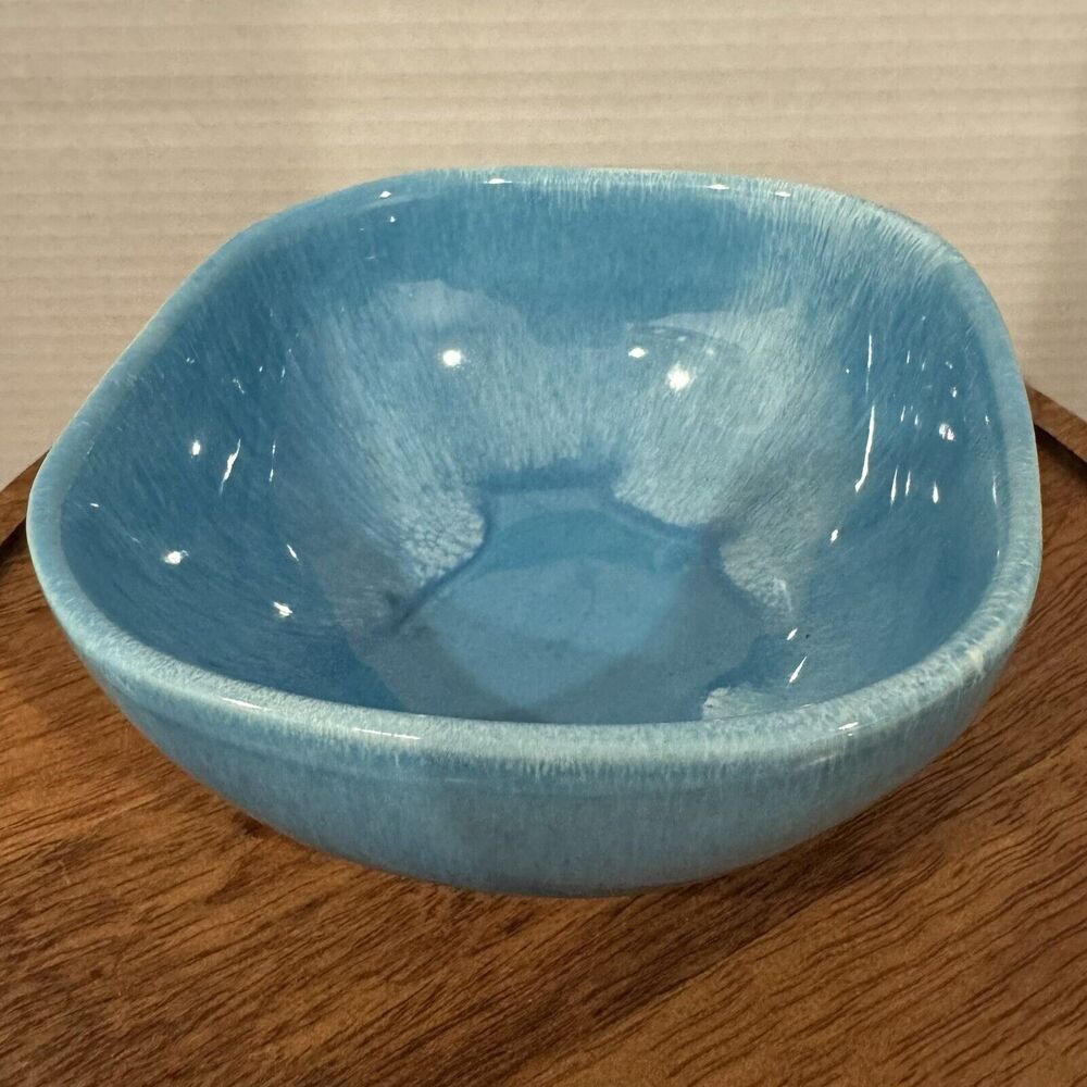 VTG Dryden Pottery Ozark Frontier Blue Drip Glaze Square Bowl Makers  Mark 88